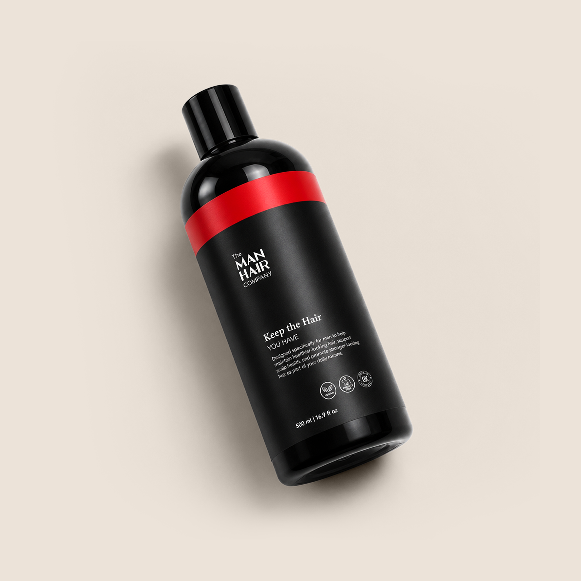 The Man Hair Shampoo bottle lying flat, label detail