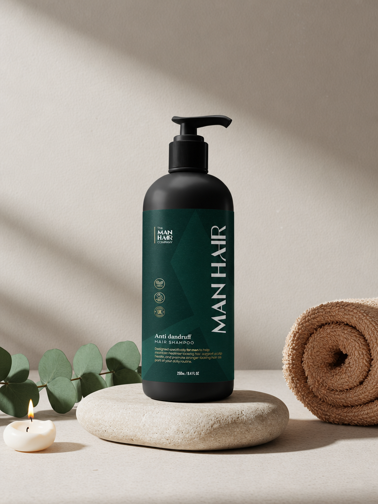 Men's anti-dandruff shampoo lifestyle — candle and towel spa setting