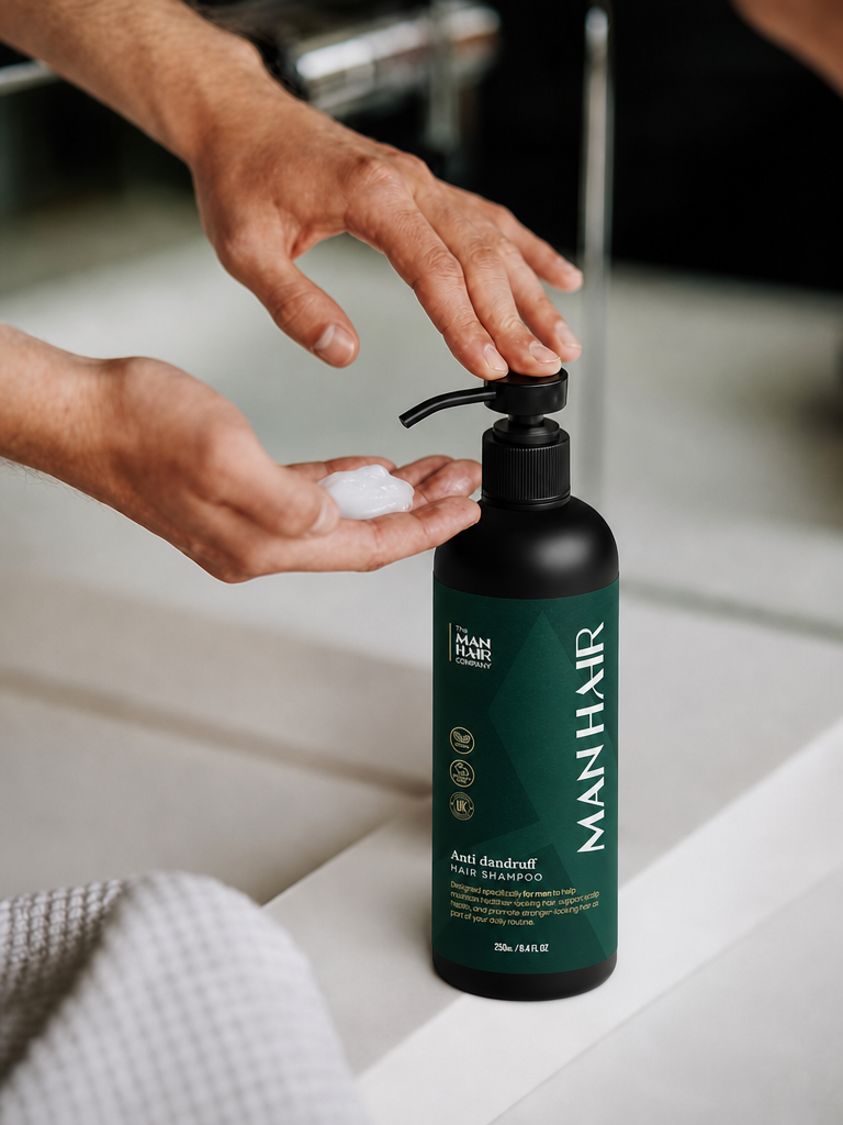 How to use The Man Hair anti-dandruff shampoo — man applying shampoo to hand from pump bottle