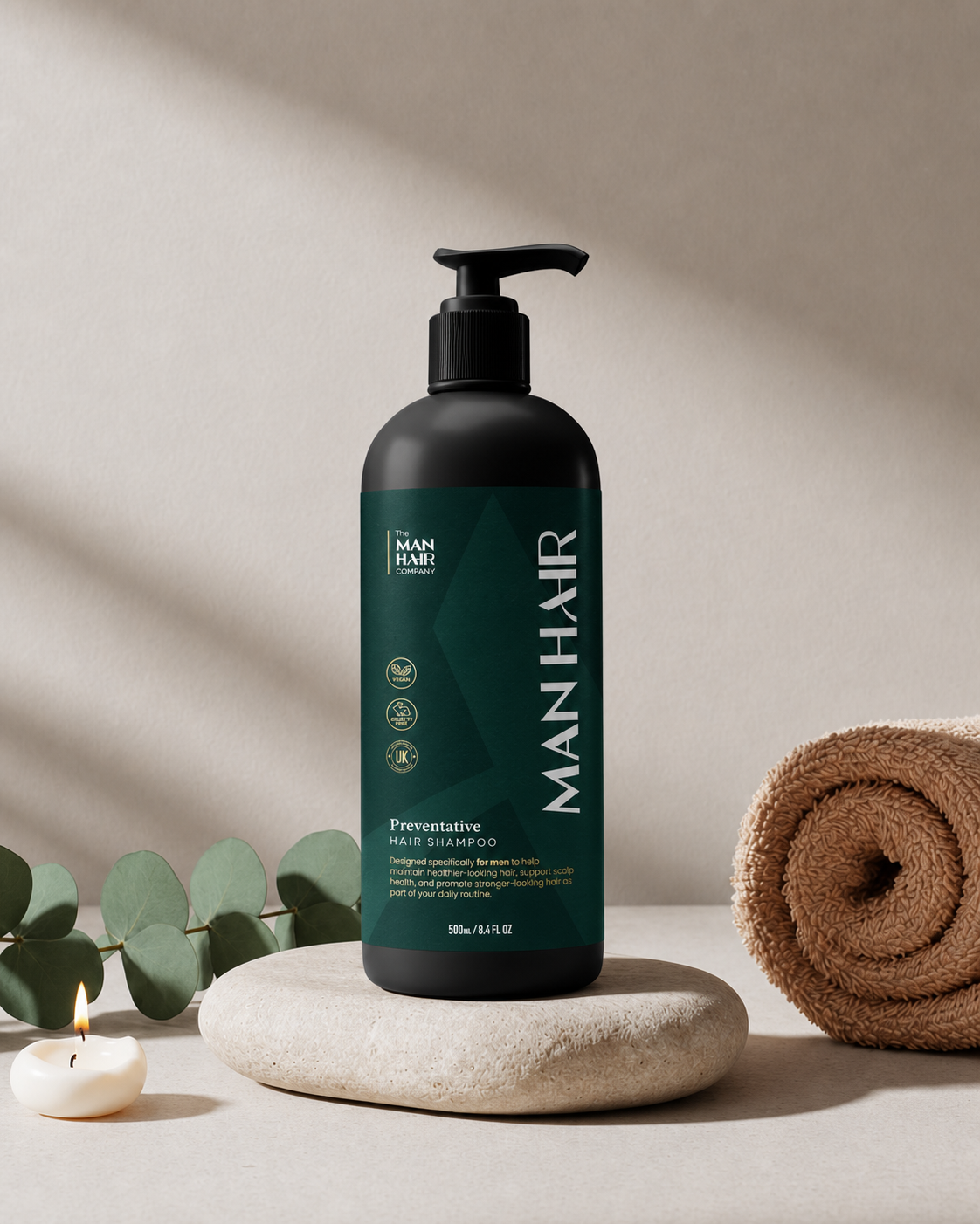 Men's anti-dandruff shampoo lifestyle — candle and towel spa setting