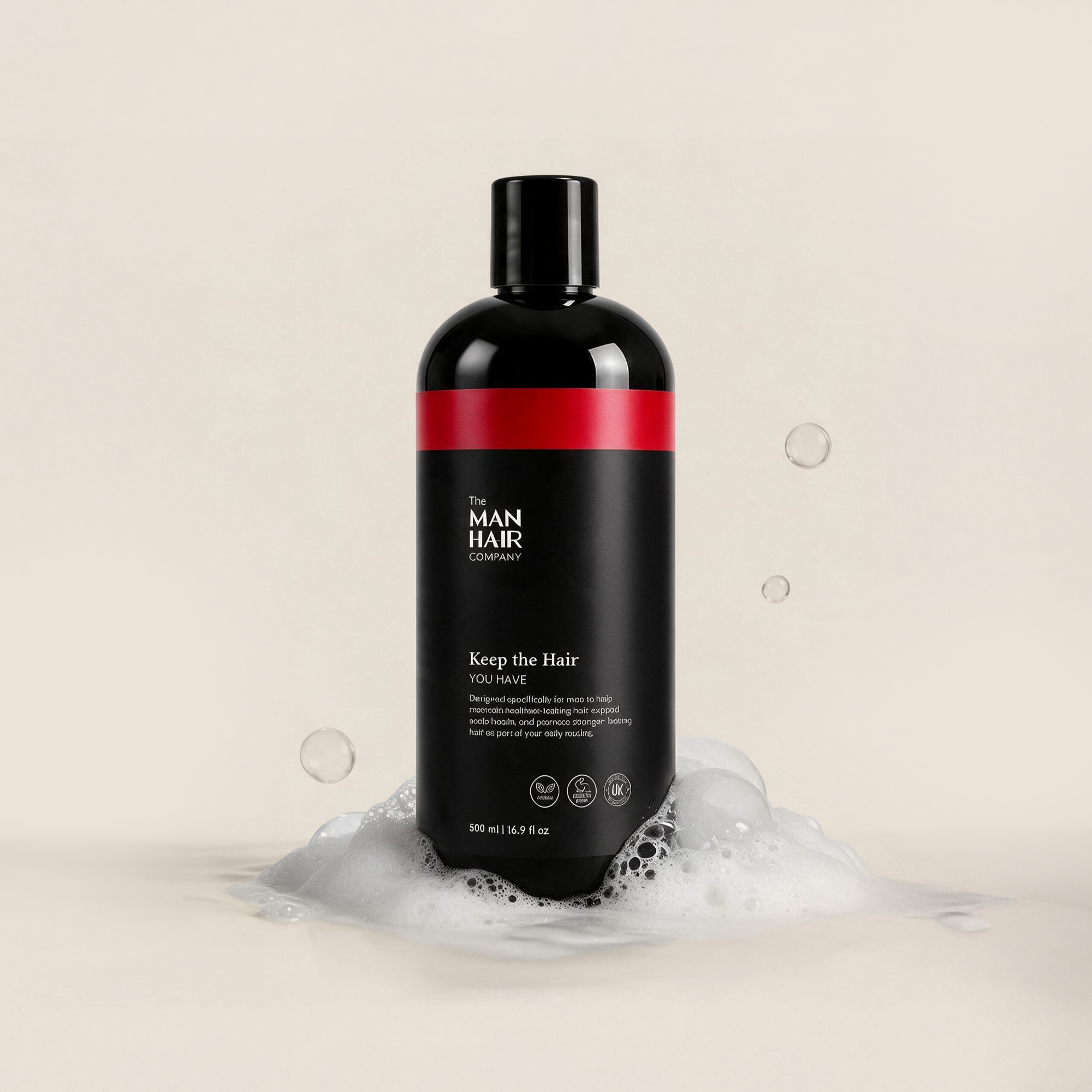 The Man Hair Shampoo bottle with lather